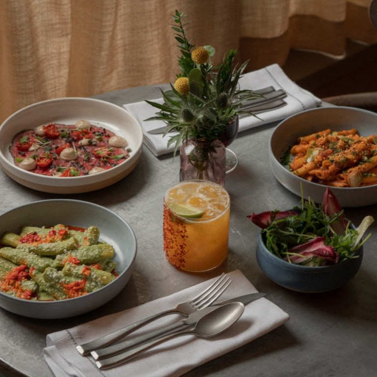 Rigatoni, arrabbiata, side salad, spicy mango margarita, beef carpatico