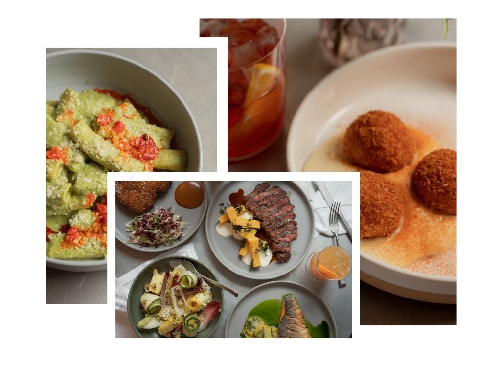penne arrabbiata, arancini, seabass fillet and steak