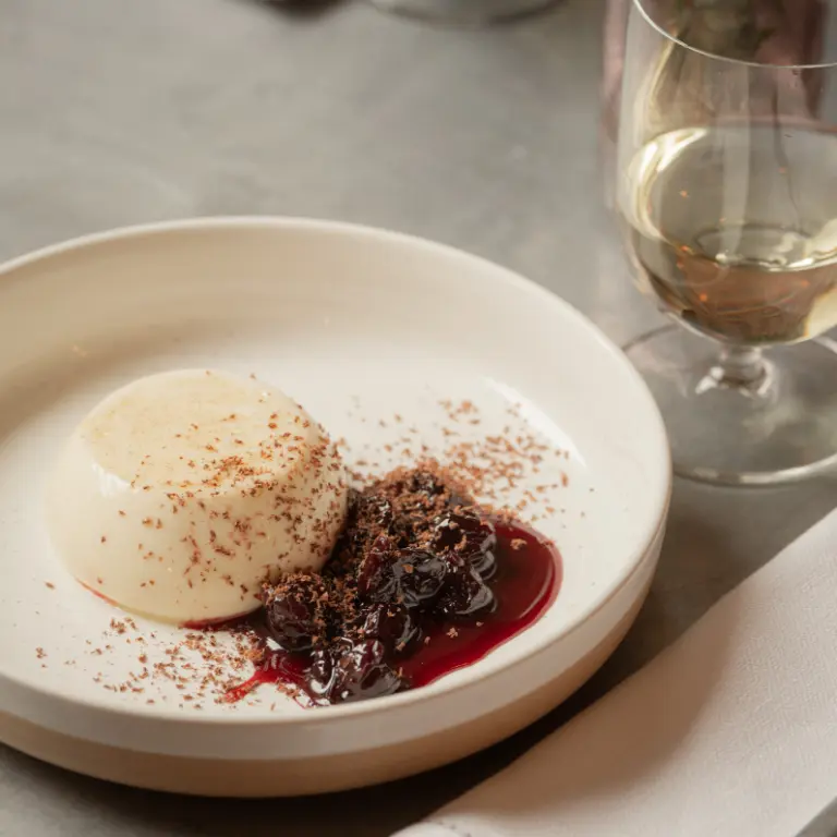 Panna cotta, glazed cherries, chocolate shavings and glass of white wine