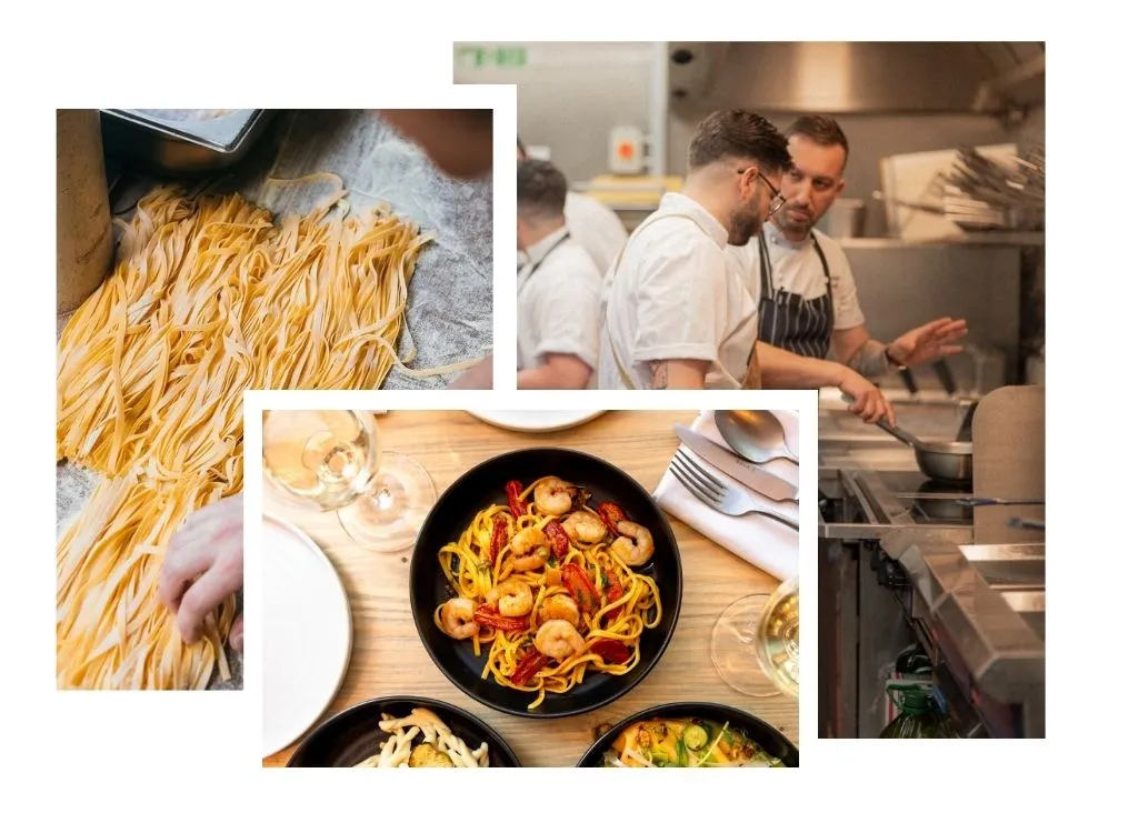 fresh handmade pasta, chefs in the kitchen and a bowl of prawn linguine