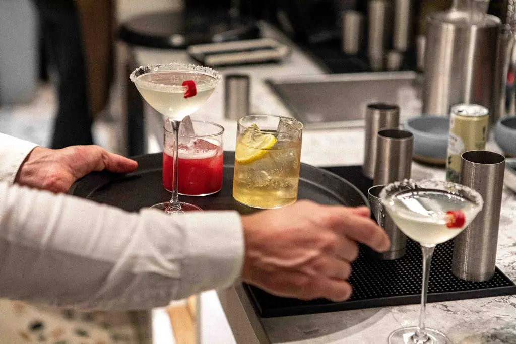 A tray of cocktails - Spicy Margertia & Lemon & Elderflower